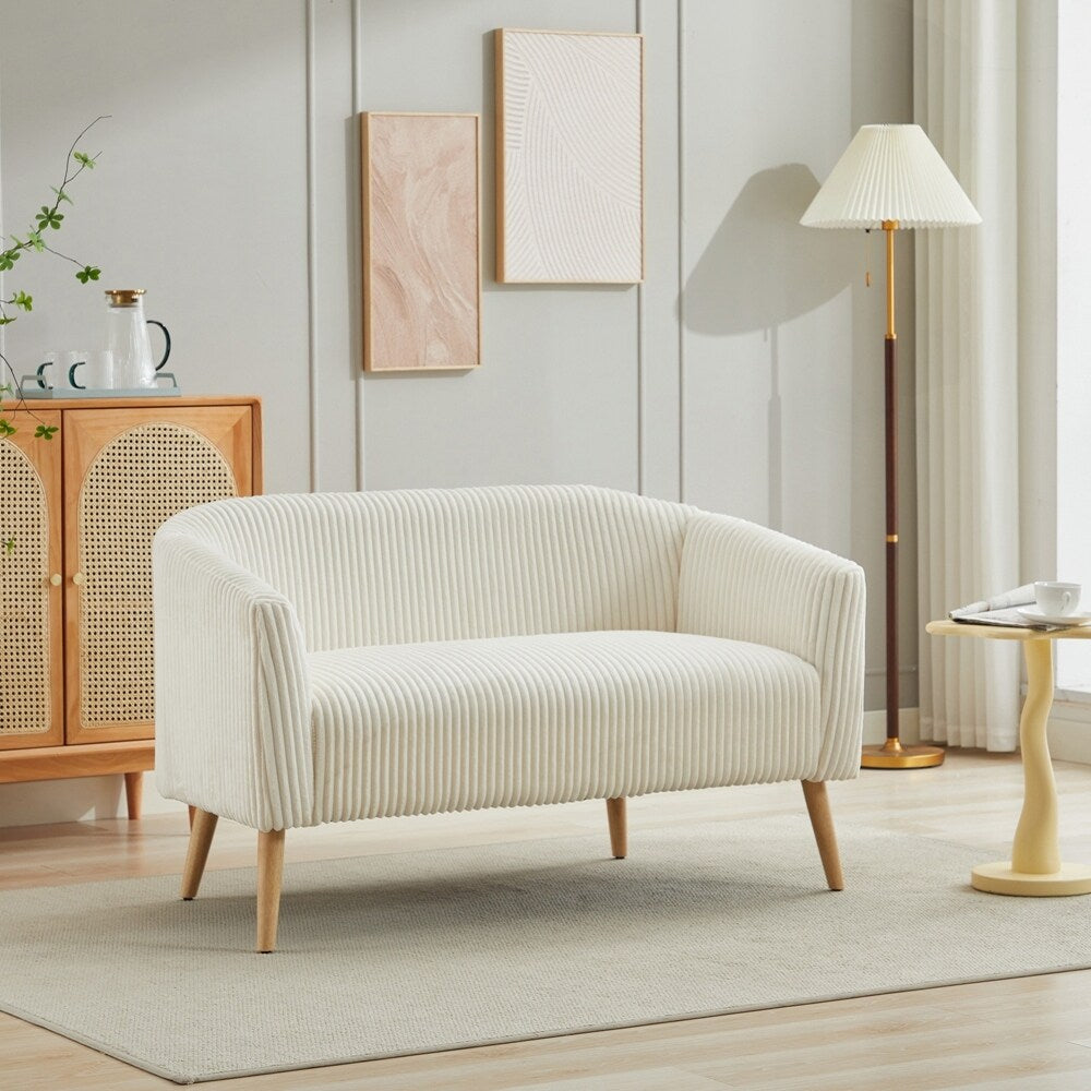 Divano a 2 posti rivestito in tessuto di velluto a coste con gambe in legno di noce