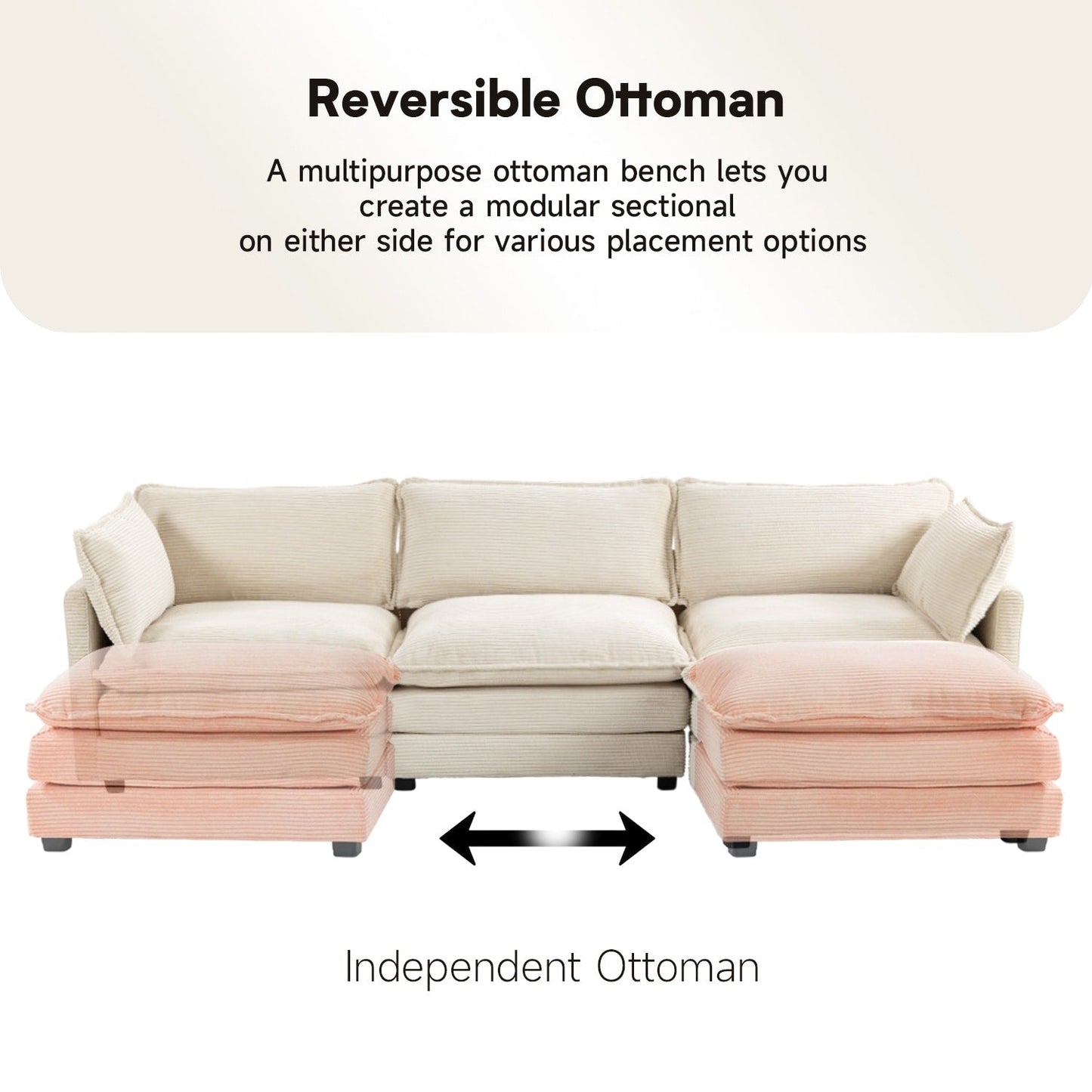 Divano componibile in velluto a coste con pouf rimovibili e cuscini ultra morbidi per soggiorno e camera da letto