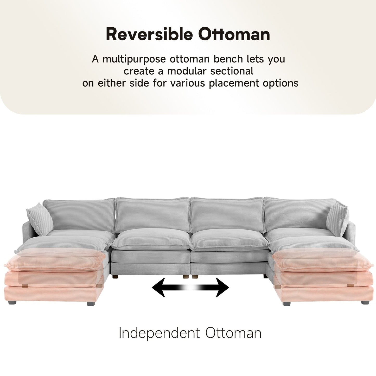 Divano componibile in velluto a coste con pouf rimovibili e cuscini ultra morbidi per soggiorno e camera da letto