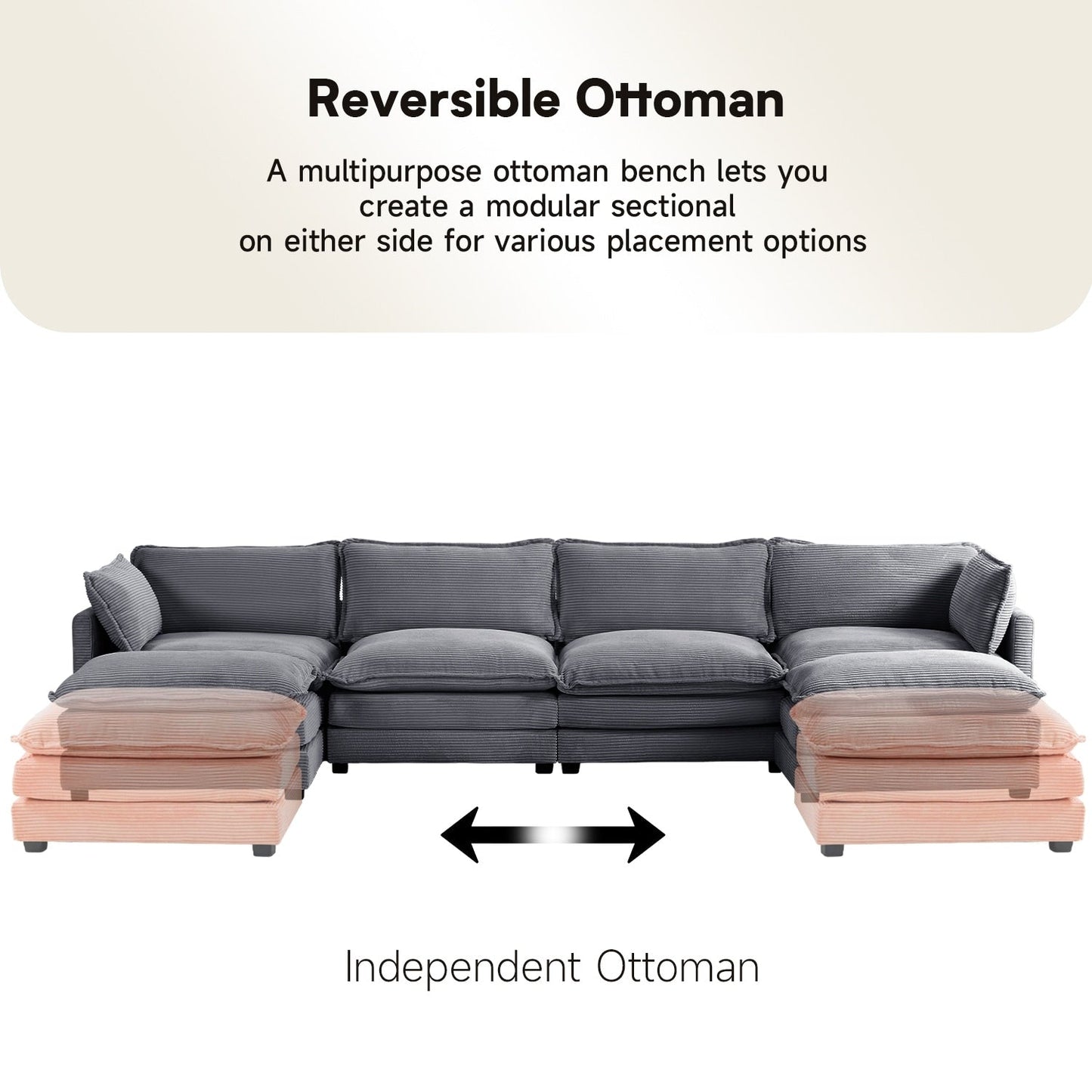 Divano componibile in velluto a coste con pouf rimovibili e cuscini ultra morbidi per soggiorno e camera da letto