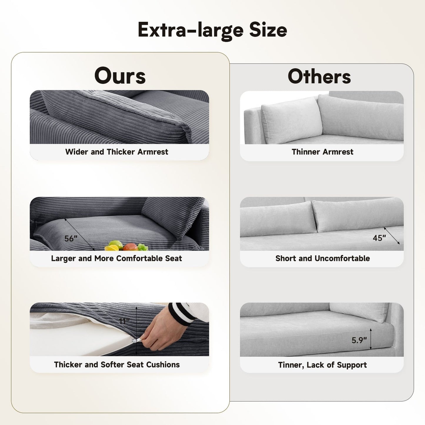 Divano componibile in velluto a coste con pouf rimovibili e cuscini ultra morbidi per soggiorno e camera da letto