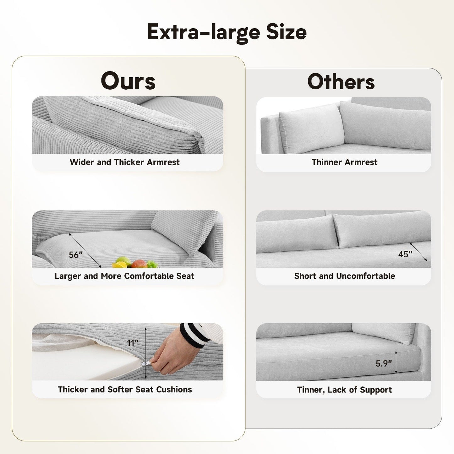 Divano componibile in velluto a coste con pouf rimovibili e cuscini ultra morbidi per soggiorno e camera da letto