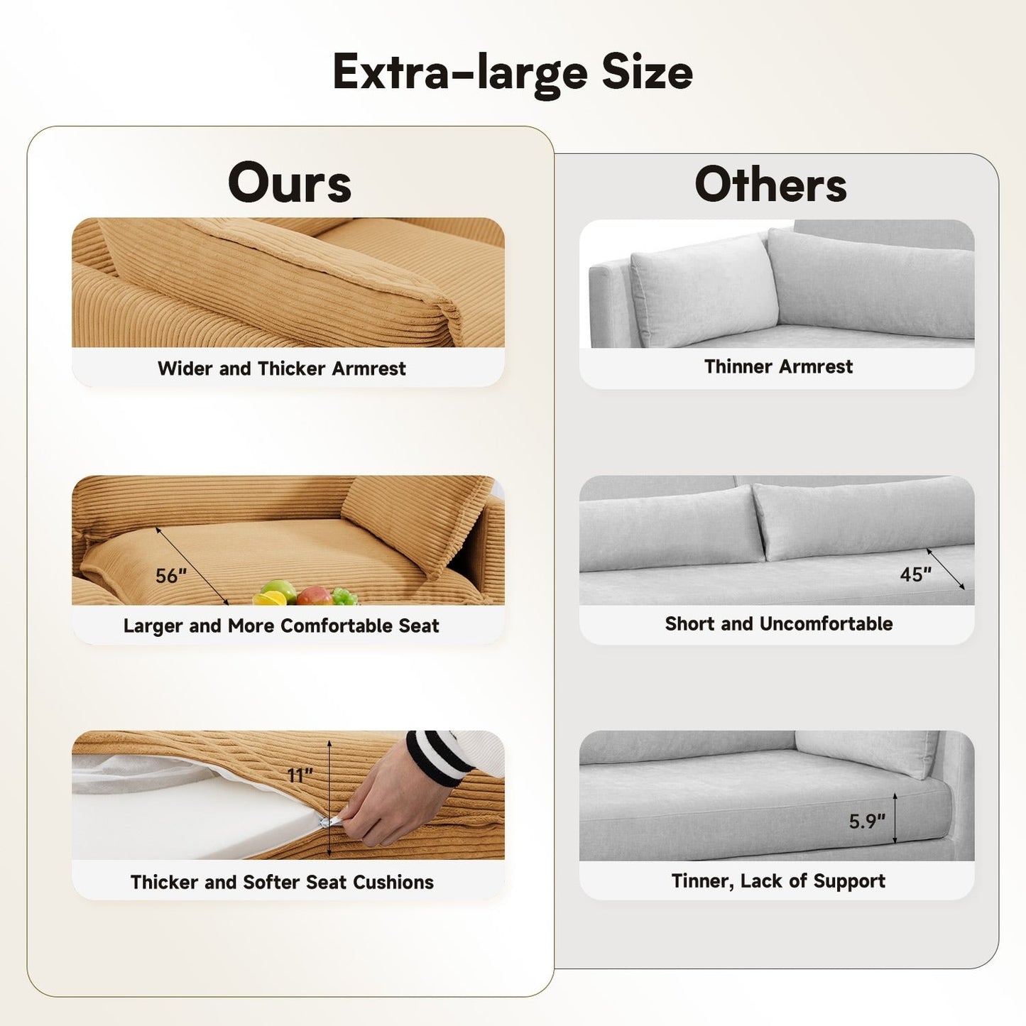 Divano componibile in velluto a coste con pouf rimovibili e cuscini ultra morbidi per soggiorno e camera da letto