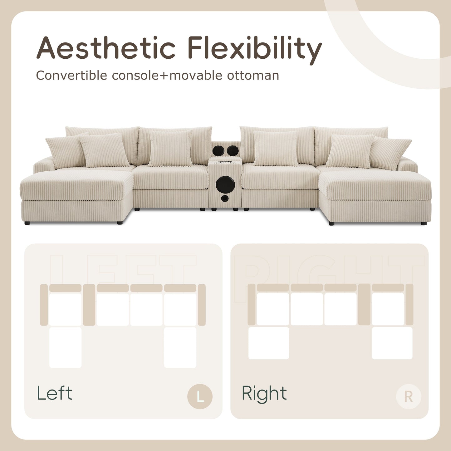 Divano componibile in velluto a coste con altoparlanti Bluetooth, caricabatterie USB, portabicchieri, contenitore, pouf, seduta profonda e ampia