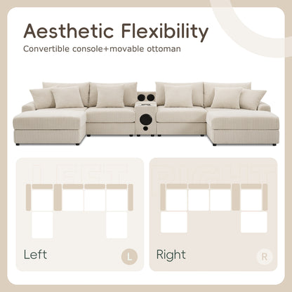 Divano componibile in velluto a coste con altoparlanti Bluetooth, caricabatterie USB, portabicchieri, contenitore, pouf, seduta profonda e ampia