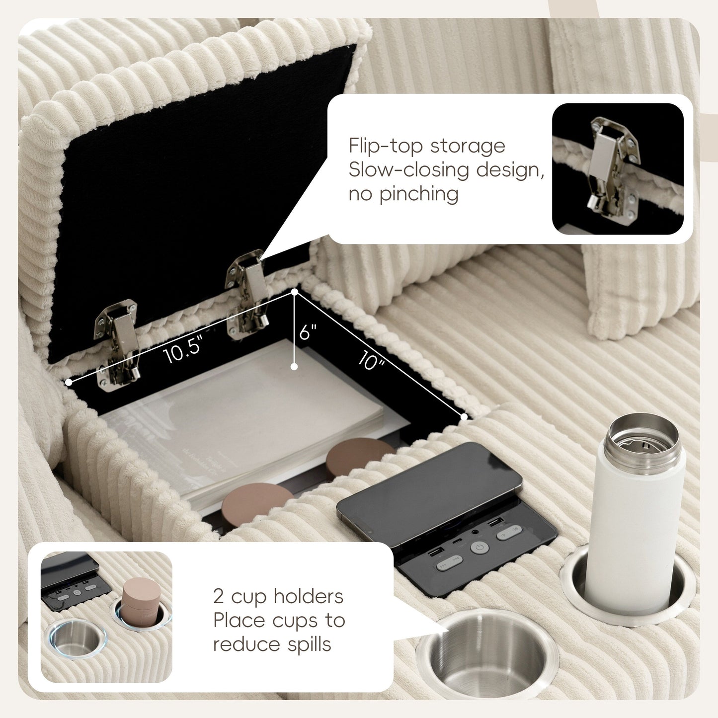 Divano componibile in velluto a coste con altoparlanti Bluetooth, caricabatterie USB, portabicchieri, contenitore, pouf, seduta profonda e ampia