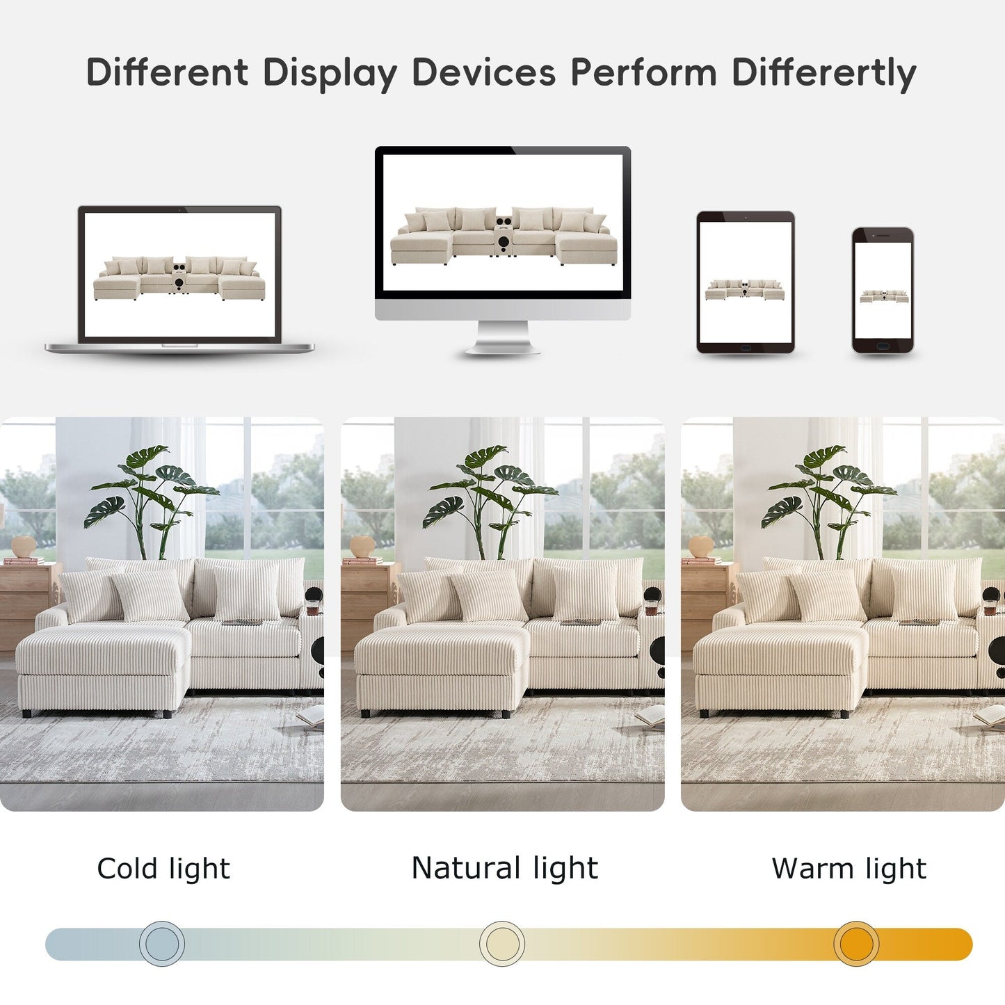 Divano componibile in velluto a coste con altoparlanti Bluetooth, caricabatterie USB, portabicchieri, contenitore, pouf, seduta profonda e ampia