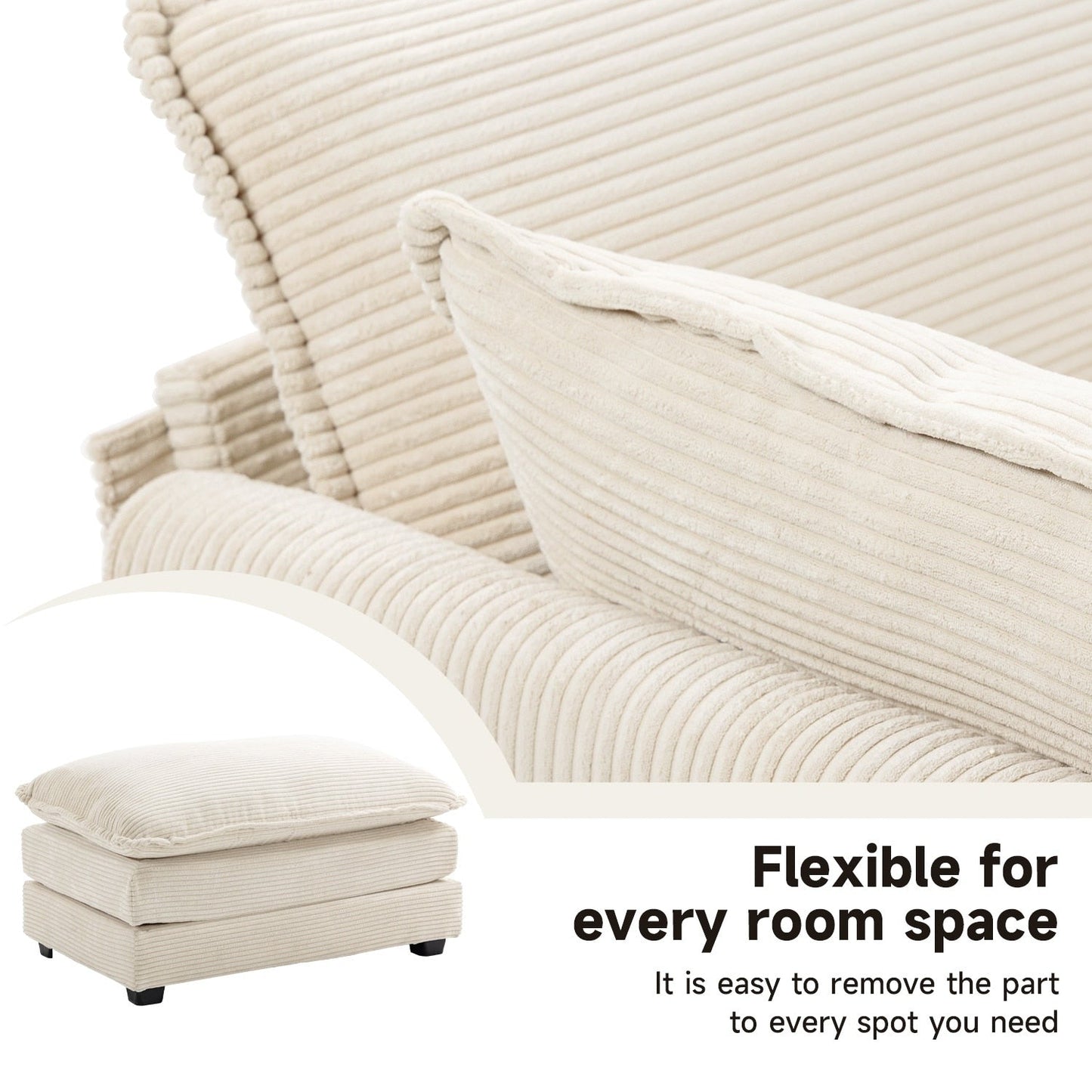 Divano componibile in velluto a coste con pouf rimovibili e cuscini ultra morbidi per soggiorno e camera da letto