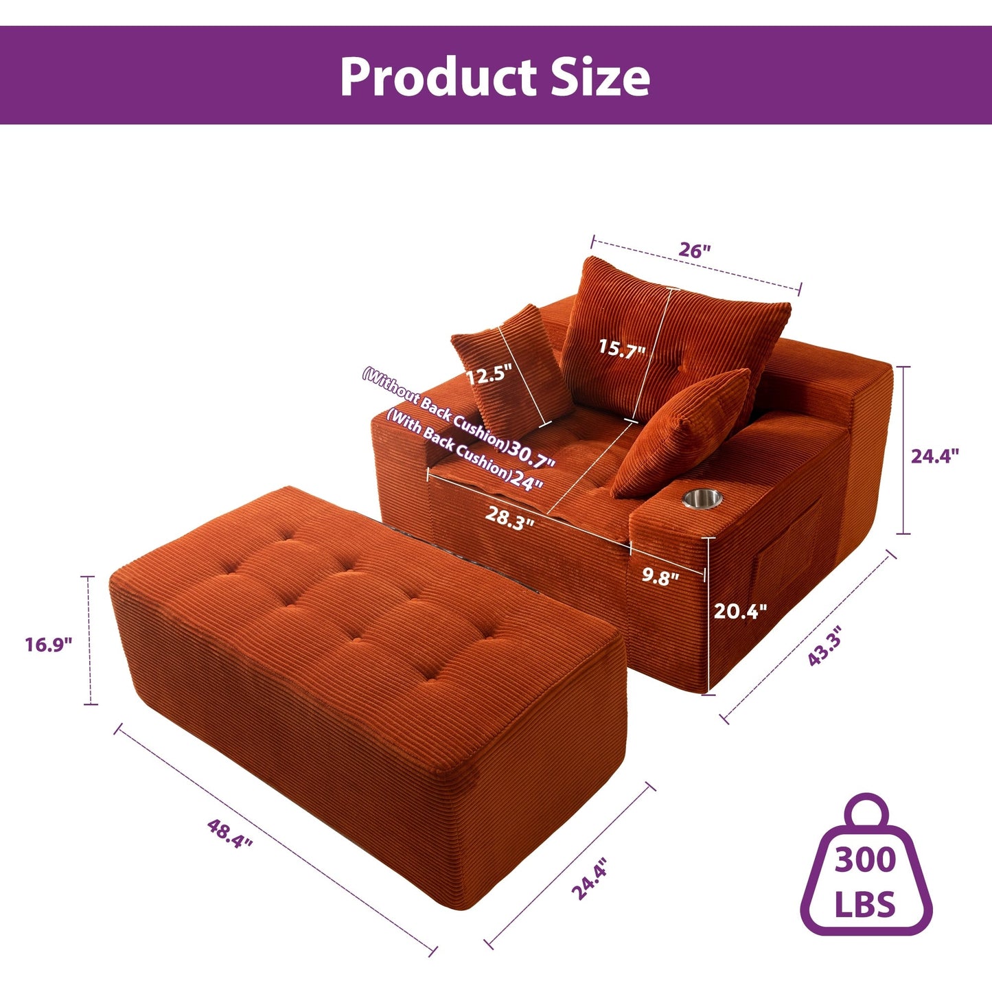 Divano imbottito in memory foam con pouf imbottito in velluto a coste - 48,4Lx67,7Wx24,4H