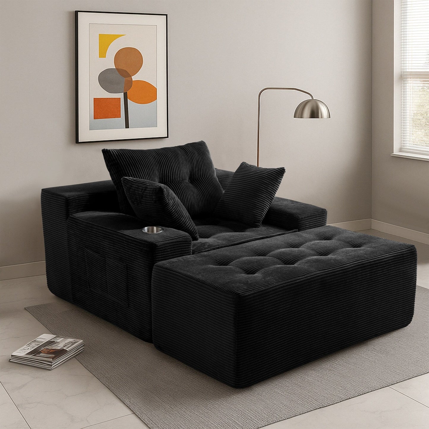 Divano imbottito in memory foam con pouf imbottito in velluto a coste - 48,4Lx67,7Wx24,4H