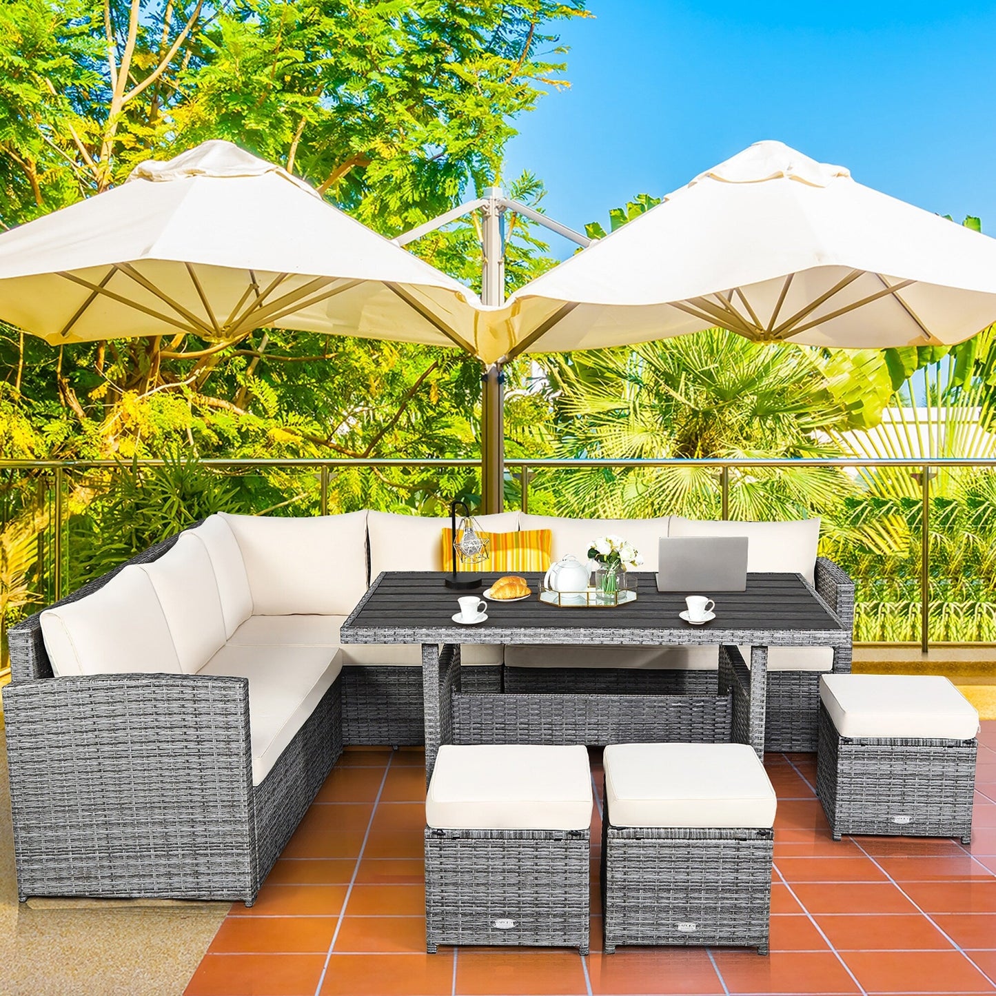Costway 7 pezzi set da pranzo in rattan per patio divano componibile divano pouf - Vedi dettagli