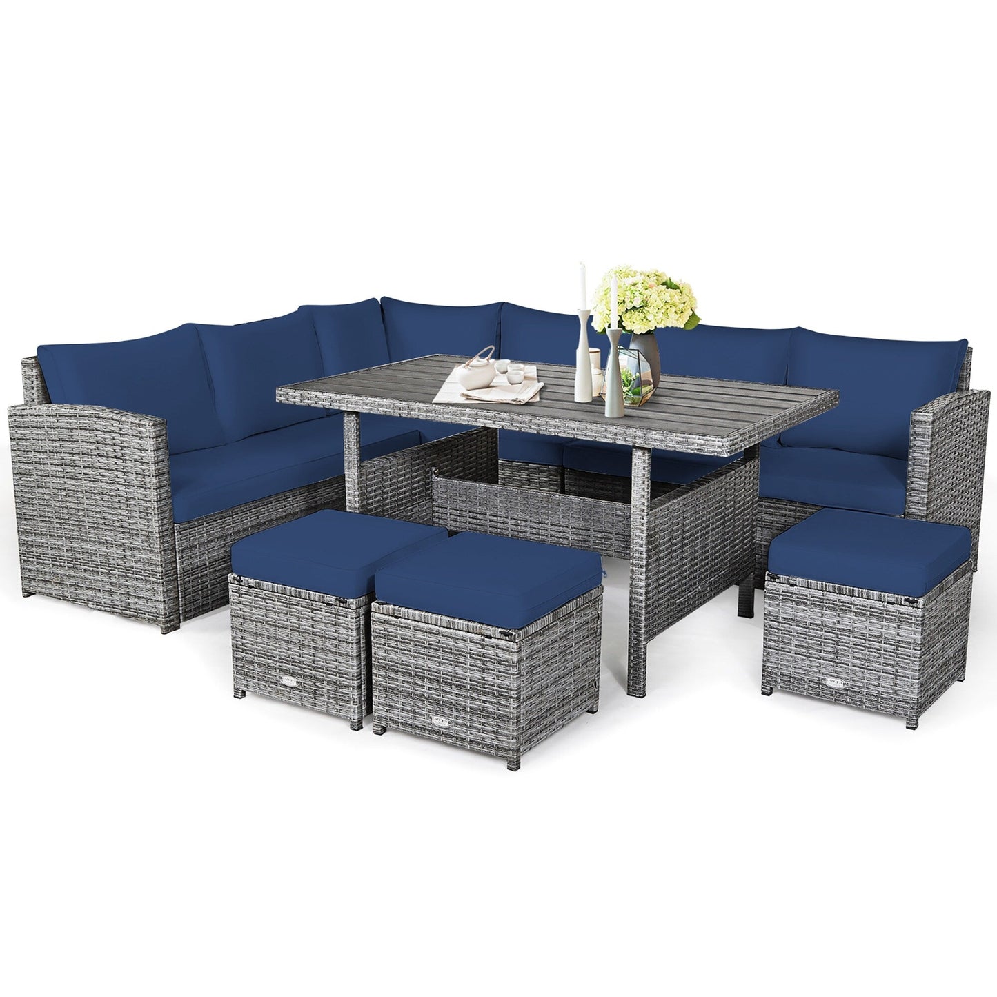 Costway 7 pezzi set da pranzo in rattan per patio divano componibile divano pouf - Vedi dettagli