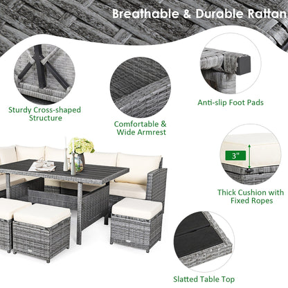 Costway 7 pezzi set da pranzo in rattan per patio divano componibile divano pouf - Vedi dettagli