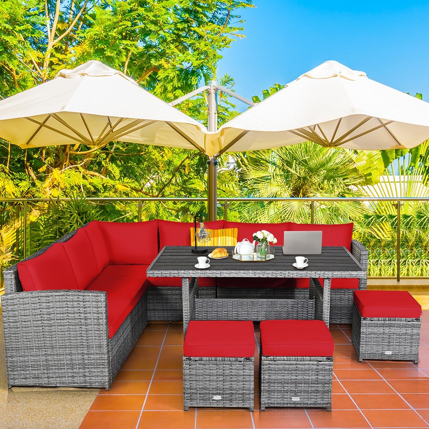 Costway 7 pezzi set da pranzo in rattan per patio divano componibile divano pouf - Vedi dettagli