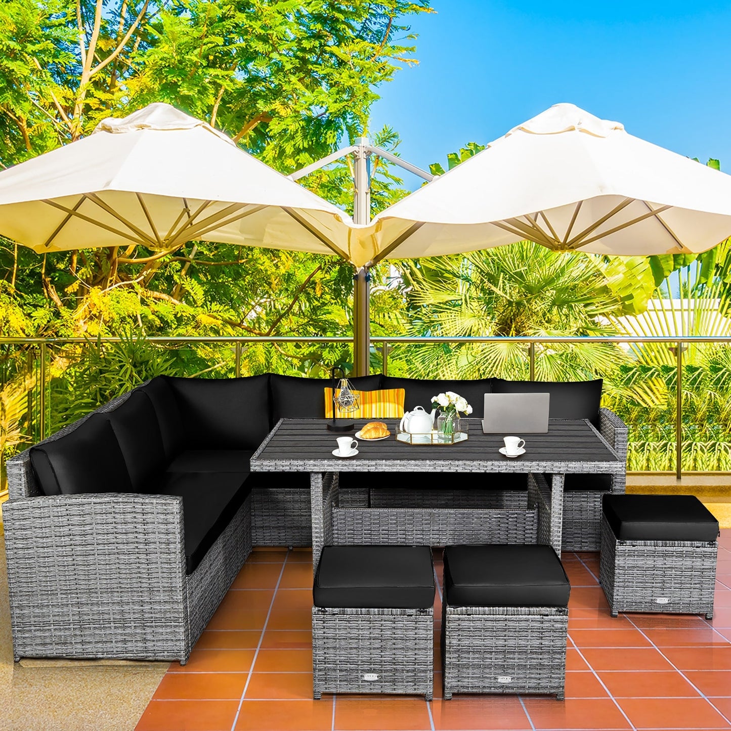 Costway 7 pezzi set da pranzo in rattan per patio divano componibile divano pouf - Vedi dettagli