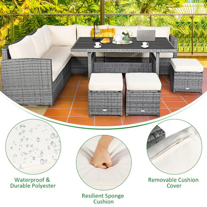 Costway 7 pezzi set da pranzo in rattan per patio divano componibile divano pouf - Vedi dettagli