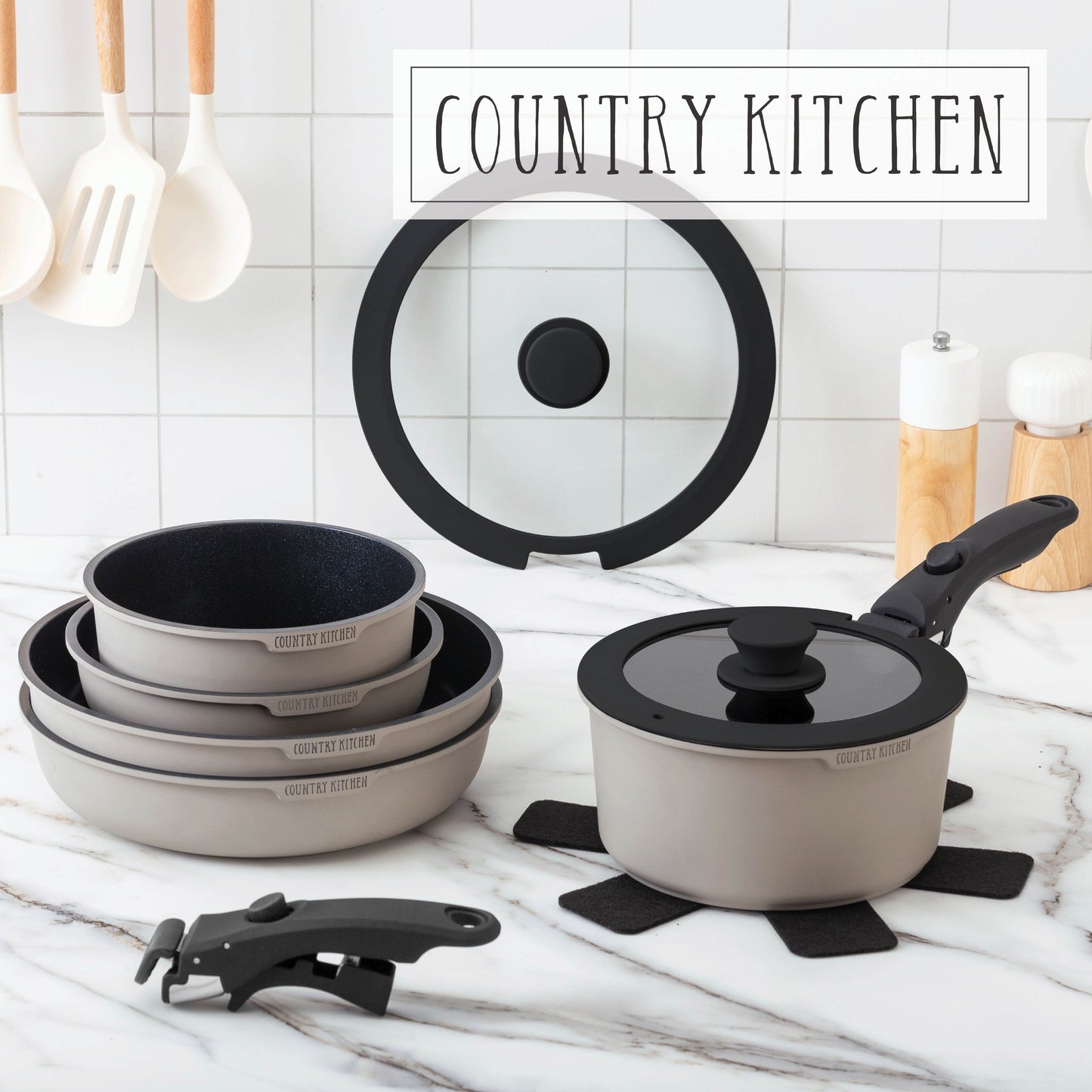 Set di pentole per camper Country Kitchen da 16 pezzi in ceramica con manico rimovibile, adatte al forno