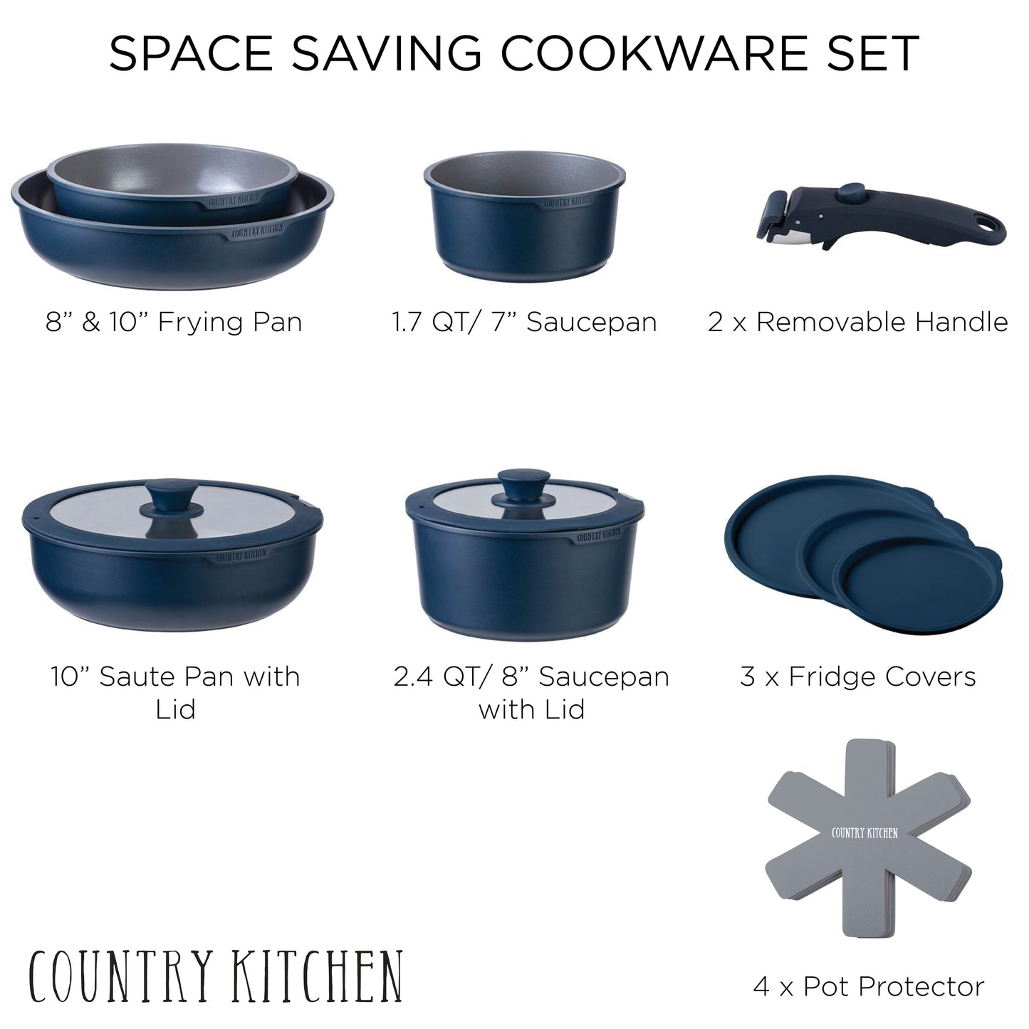 Set di pentole per camper Country Kitchen da 16 pezzi in ceramica con manico rimovibile, adatte al forno