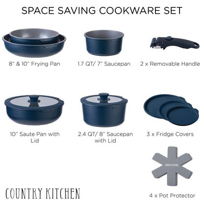 Set di pentole per camper Country Kitchen da 16 pezzi in ceramica con manico rimovibile, adatte al forno