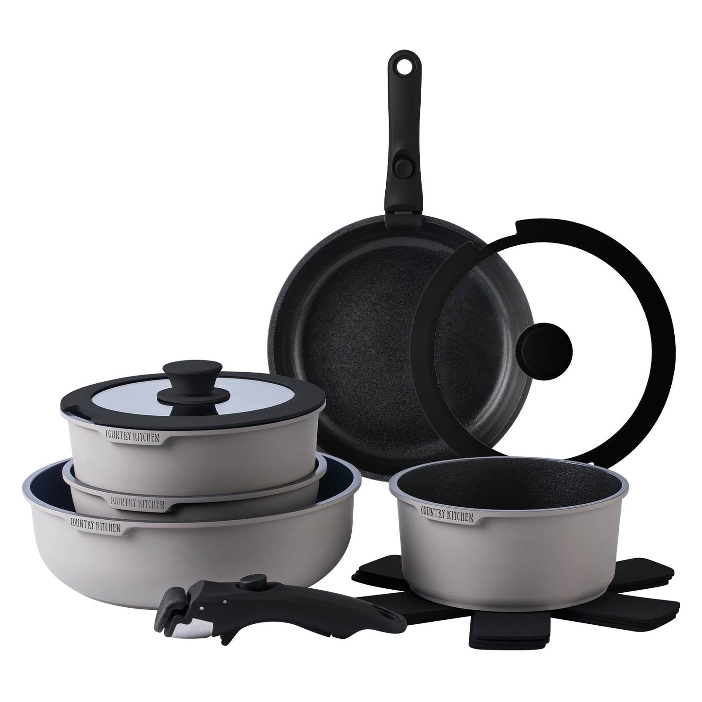 Set di pentole per camper Country Kitchen da 16 pezzi in ceramica con manico rimovibile, adatte al forno