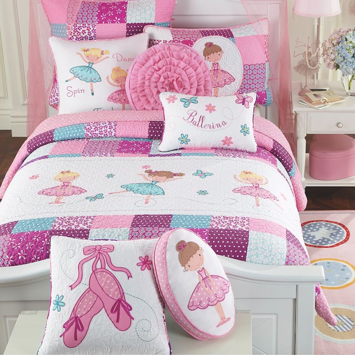 Cozy Line Ballerina - Set di biancheria da letto reversibile in cotone rosa per bambine con cuscini decorativi