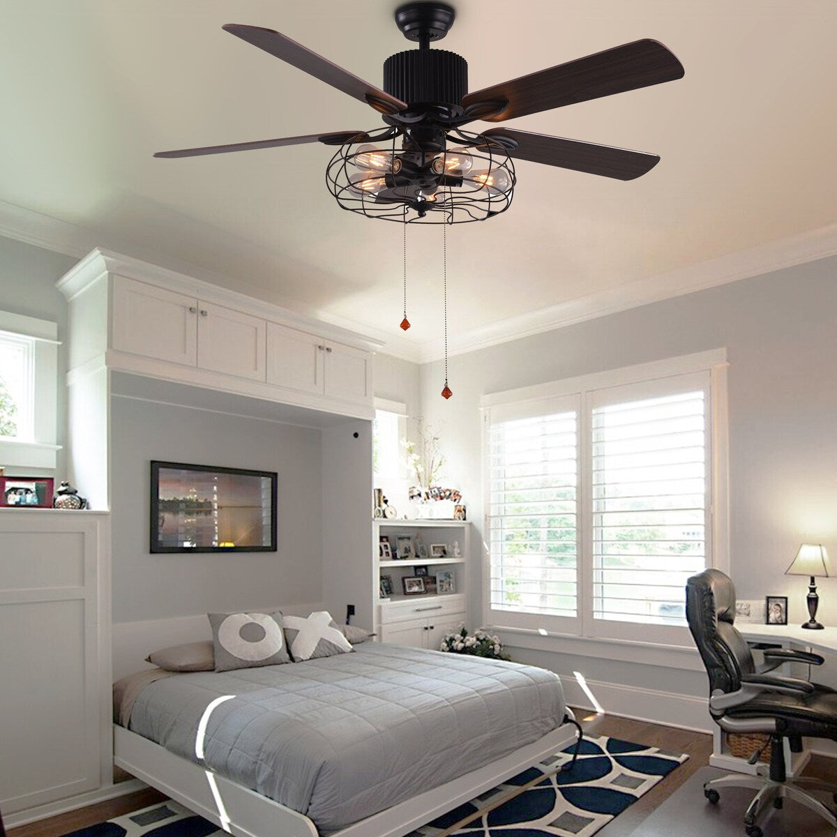 Ventilatore da soffitto CurveCurio Farmhouse Industrial a 5 luci con gabbia nera, luce, telecomando e catenella da 42-48-52 pollici