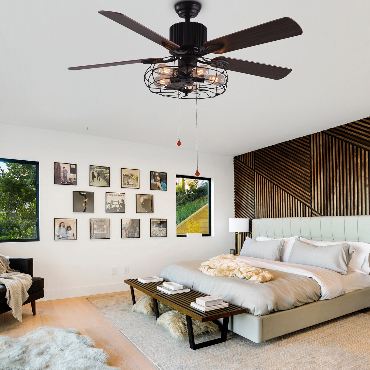 Ventilatore da soffitto CurveCurio Farmhouse Industrial a 5 luci con gabbia nera, luce, telecomando e catenella da 42-48-52 pollici