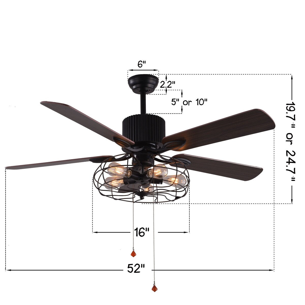 Ventilatore da soffitto CurveCurio Farmhouse Industrial a 5 luci con gabbia nera, luce, telecomando e catenella da 42-48-52 pollici