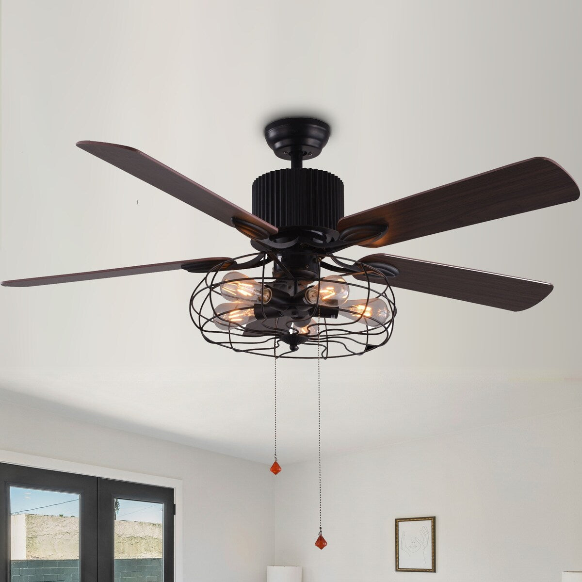 Ventilatore da soffitto CurveCurio Farmhouse Industrial a 5 luci con gabbia nera, luce, telecomando e catenella da 42-48-52 pollici