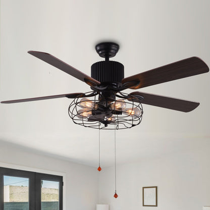Ventilatore da soffitto CurveCurio Farmhouse Industrial a 5 luci con gabbia nera, luce, telecomando e catenella da 42-48-52 pollici