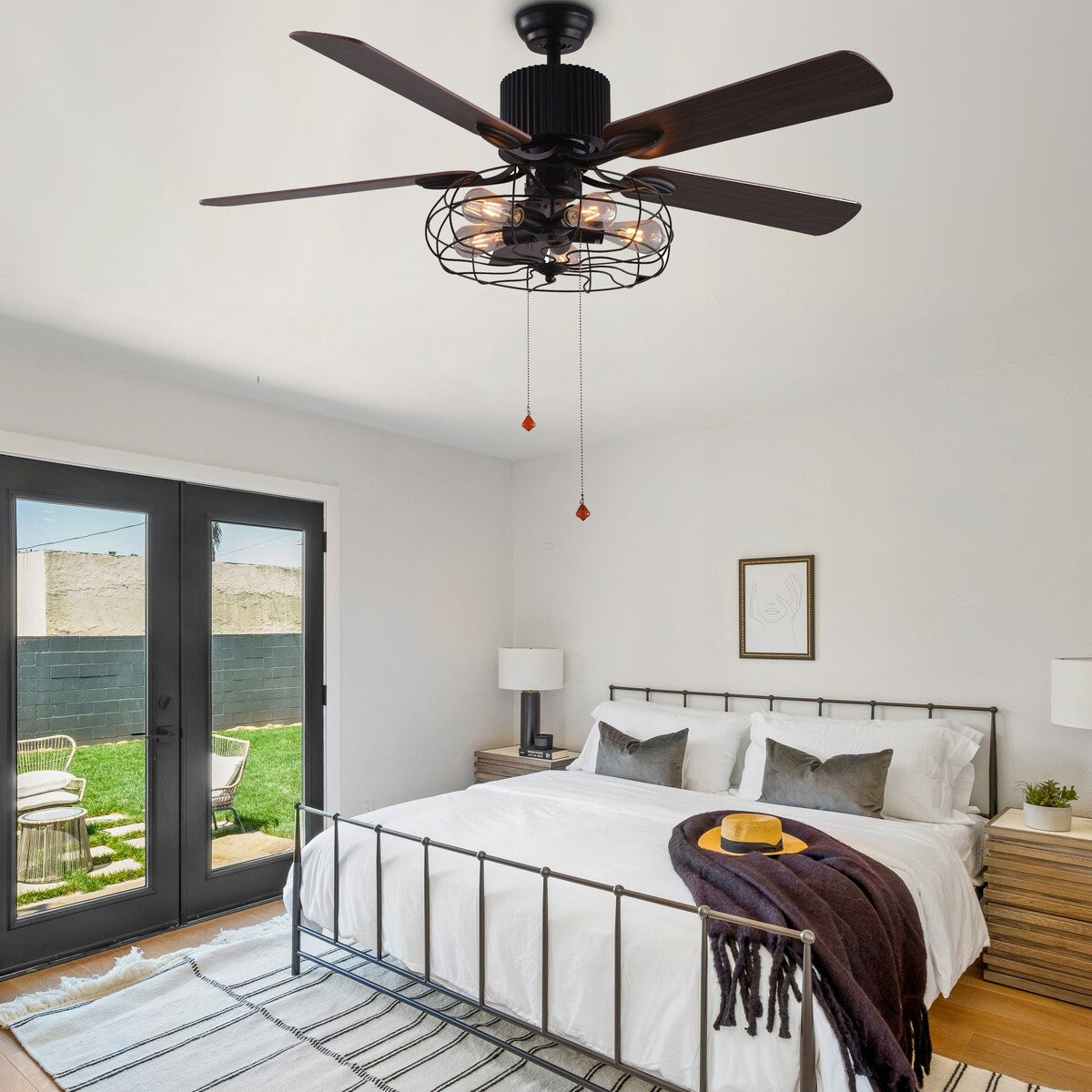 Ventilatore da soffitto CurveCurio Farmhouse Industrial a 5 luci con gabbia nera, luce, telecomando e catenella da 42-48-52 pollici