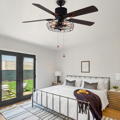 Ventilatore da soffitto CurveCurio Farmhouse Industrial a 5 luci con gabbia nera, luce, telecomando e catenella da 42-48-52 pollici