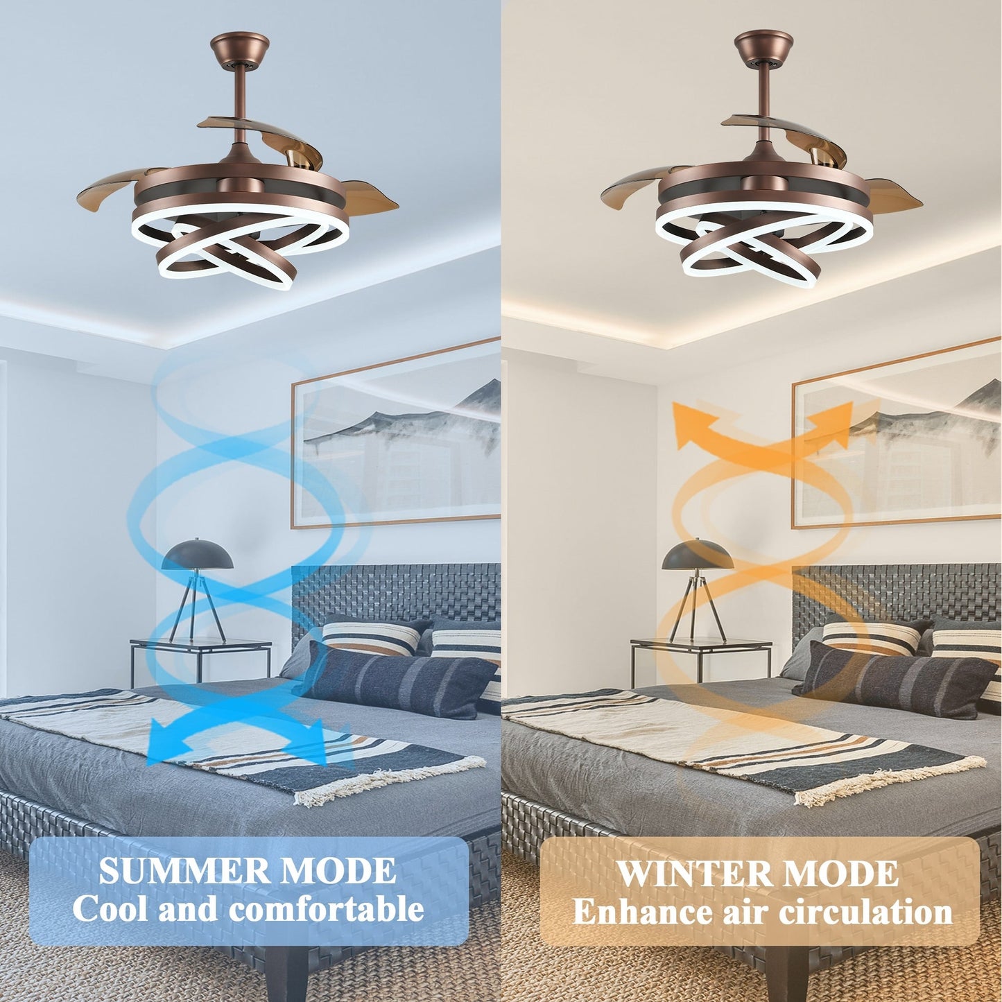 Ventilatore da soffitto retrattile Cusp Barn 42 con luci e telecomando, fai da te, forma Fandelier, moderno, silenzioso, luce da soffitto a LED con motore DC