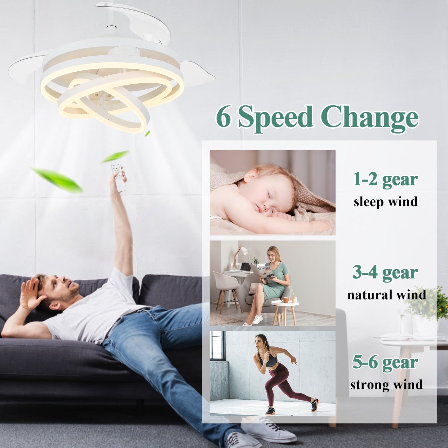 Ventilatore da soffitto retrattile Cusp Barn 42 con luci e telecomando, fai da te, forma Fandelier, moderno, silenzioso, luce da soffitto a LED con motore DC