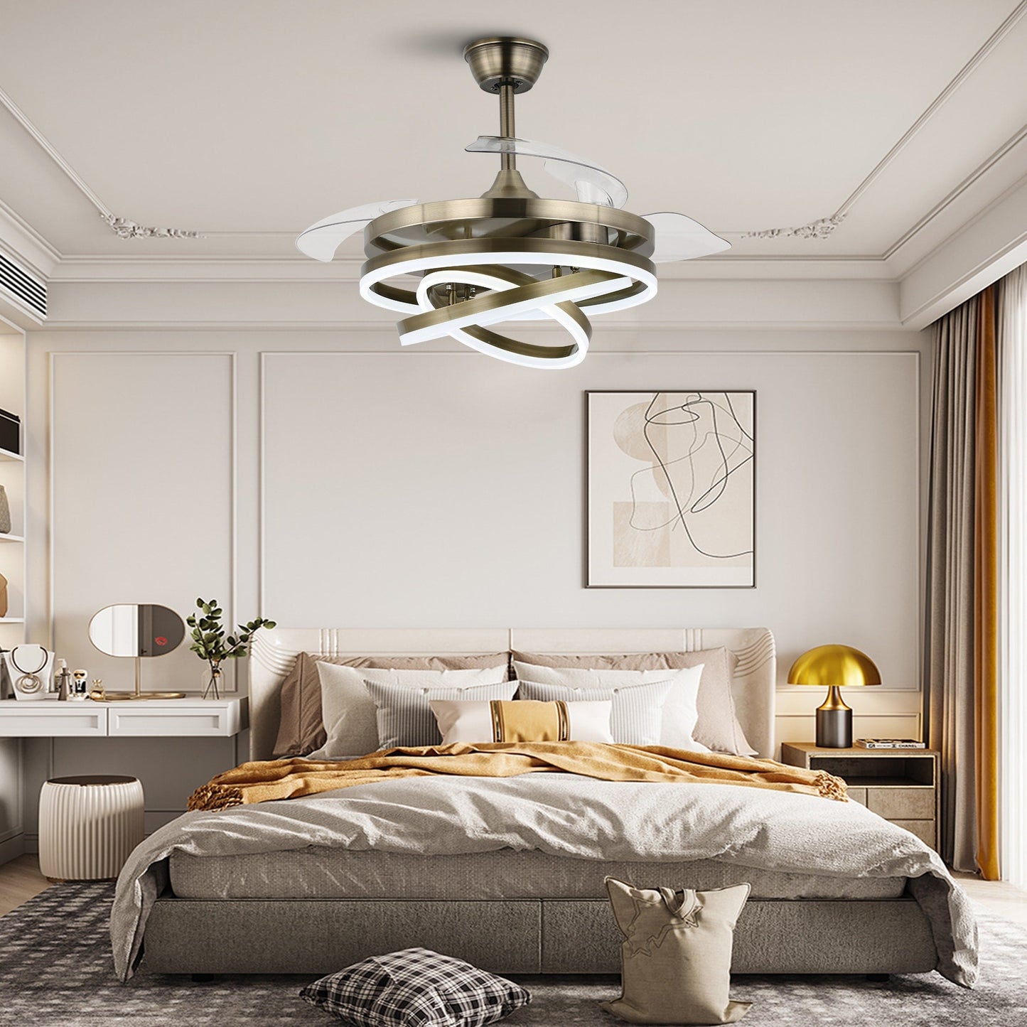 Ventilatore da soffitto retrattile Cusp Barn 42 con luci e telecomando, fai da te, forma Fandelier, moderno, silenzioso, luce da soffitto a LED con motore DC