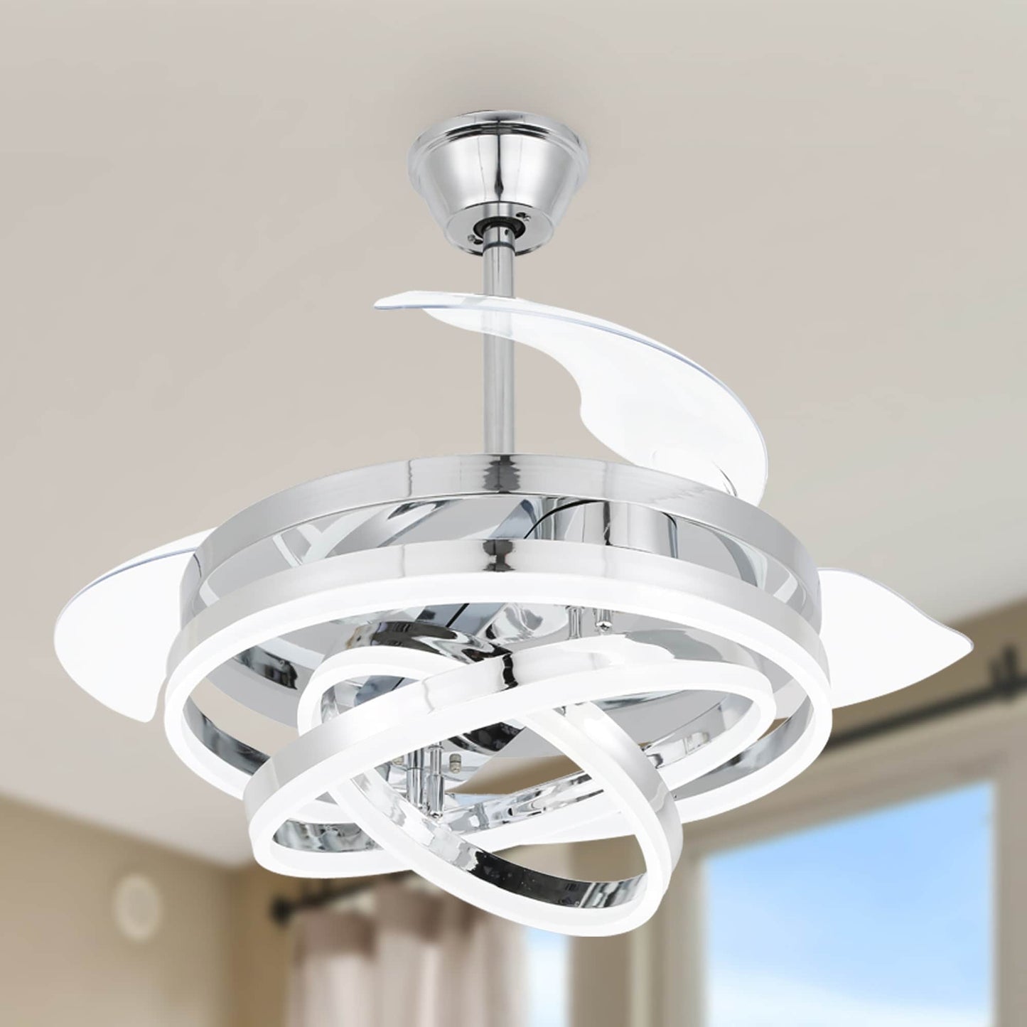 Ventilatore da soffitto retrattile Cusp Barn 42 con luci e telecomando, fai da te, forma Fandelier, moderno, silenzioso, luce da soffitto a LED con motore DC