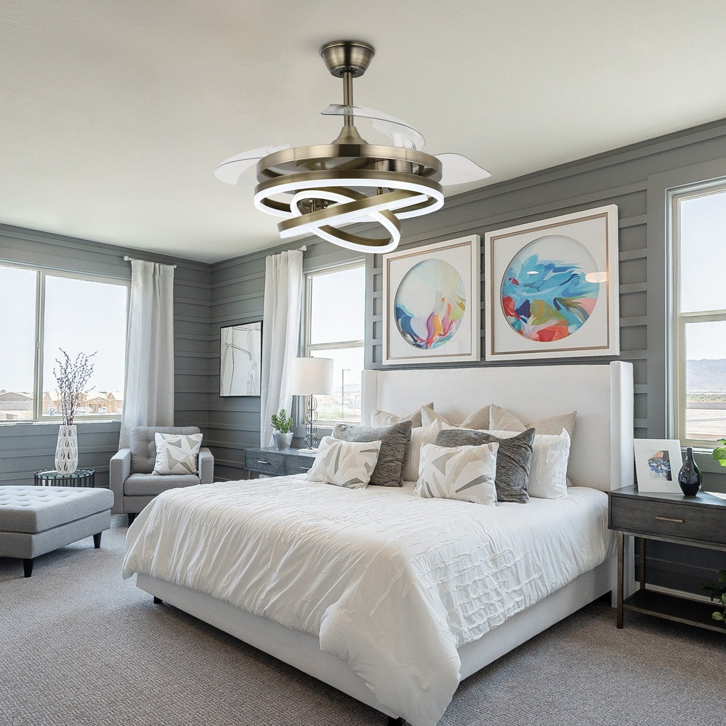 Ventilatore da soffitto retrattile Cusp Barn 42 con luci e telecomando, fai da te, forma Fandelier, moderno, silenzioso, luce da soffitto a LED con motore DC