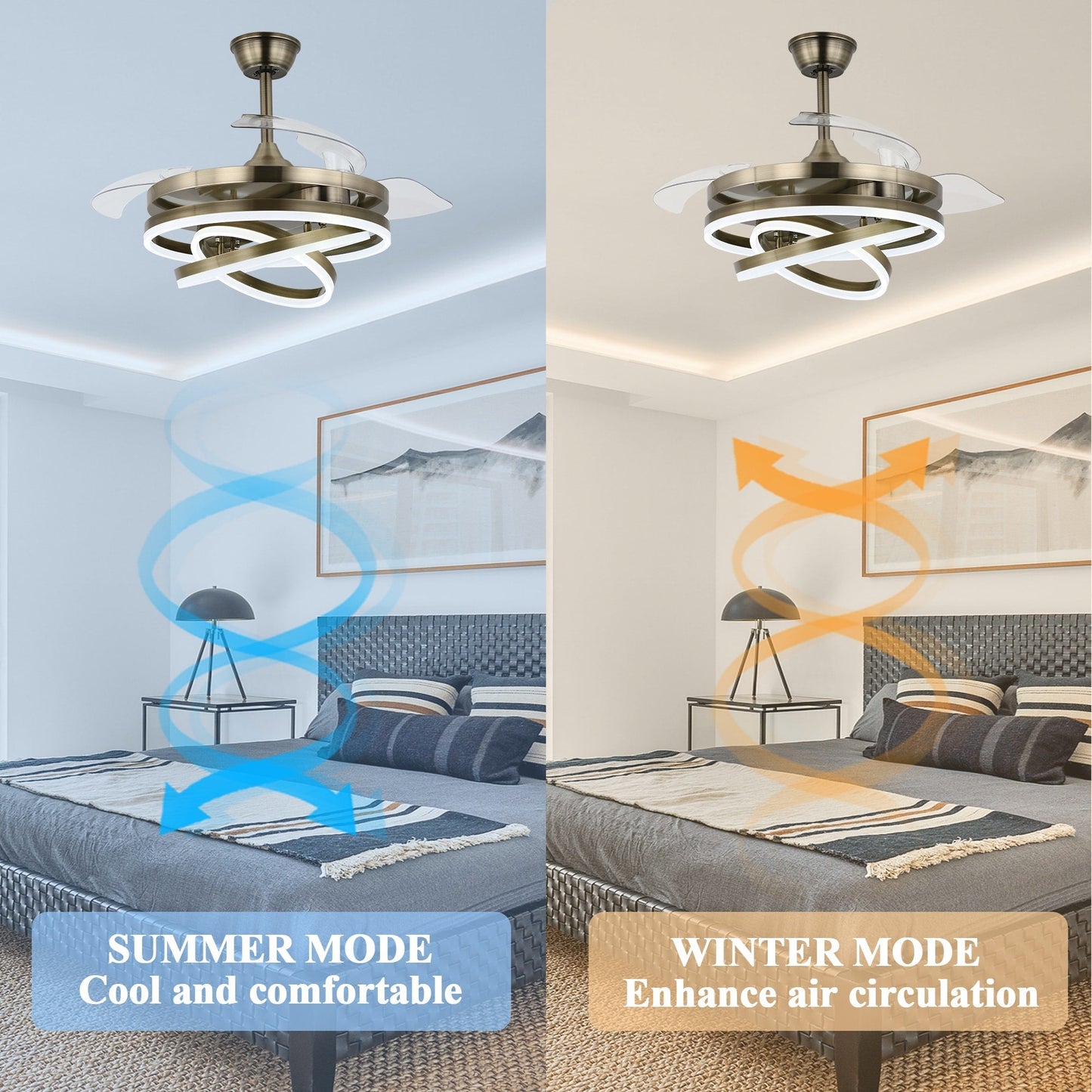 Ventilatore da soffitto retrattile Cusp Barn 42 con luci e telecomando, fai da te, forma Fandelier, moderno, silenzioso, luce da soffitto a LED con motore DC