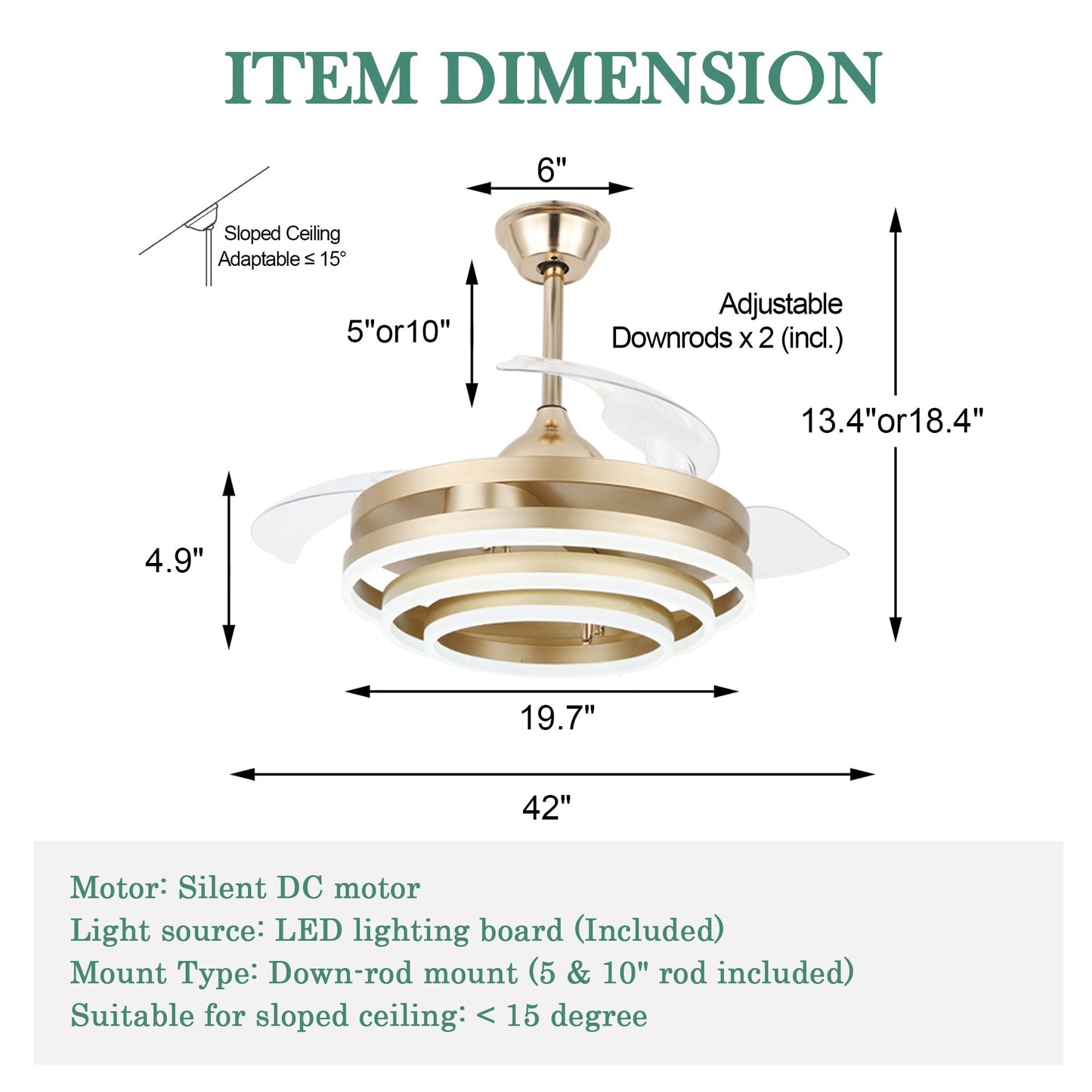Ventilatore da soffitto retrattile Cusp Barn 42 con luci e telecomando, fai da te, forma Fandelier, moderno, silenzioso, luce da soffitto a LED con motore DC