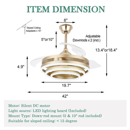 Ventilatore da soffitto retrattile Cusp Barn 42 con luci e telecomando, fai da te, forma Fandelier, moderno, silenzioso, luce da soffitto a LED con motore DC