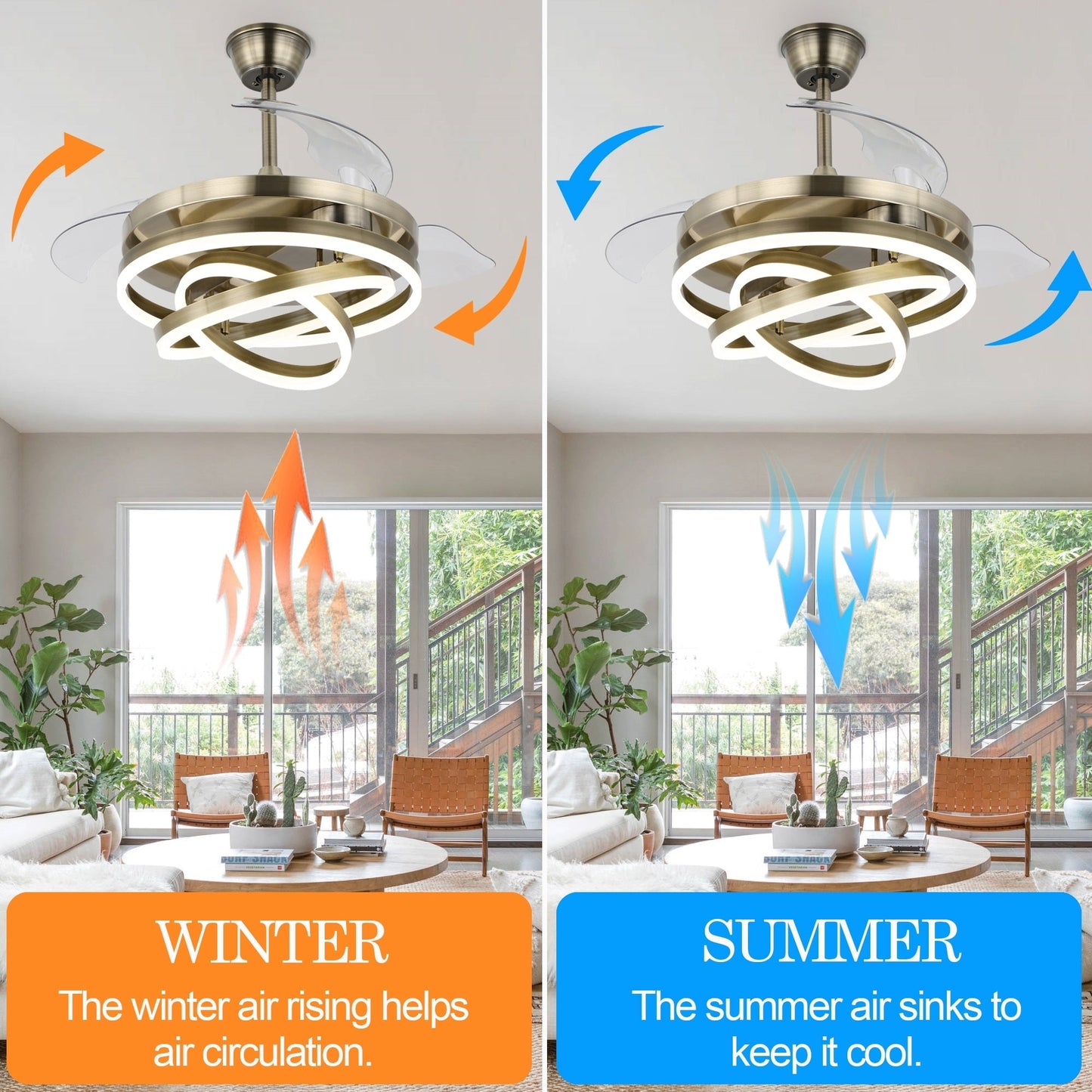 Ventilatore da soffitto retrattile Cusp Barn 42 con luci e telecomando, fai da te, forma Fandelier, moderno, silenzioso, luce da soffitto a LED con motore DC