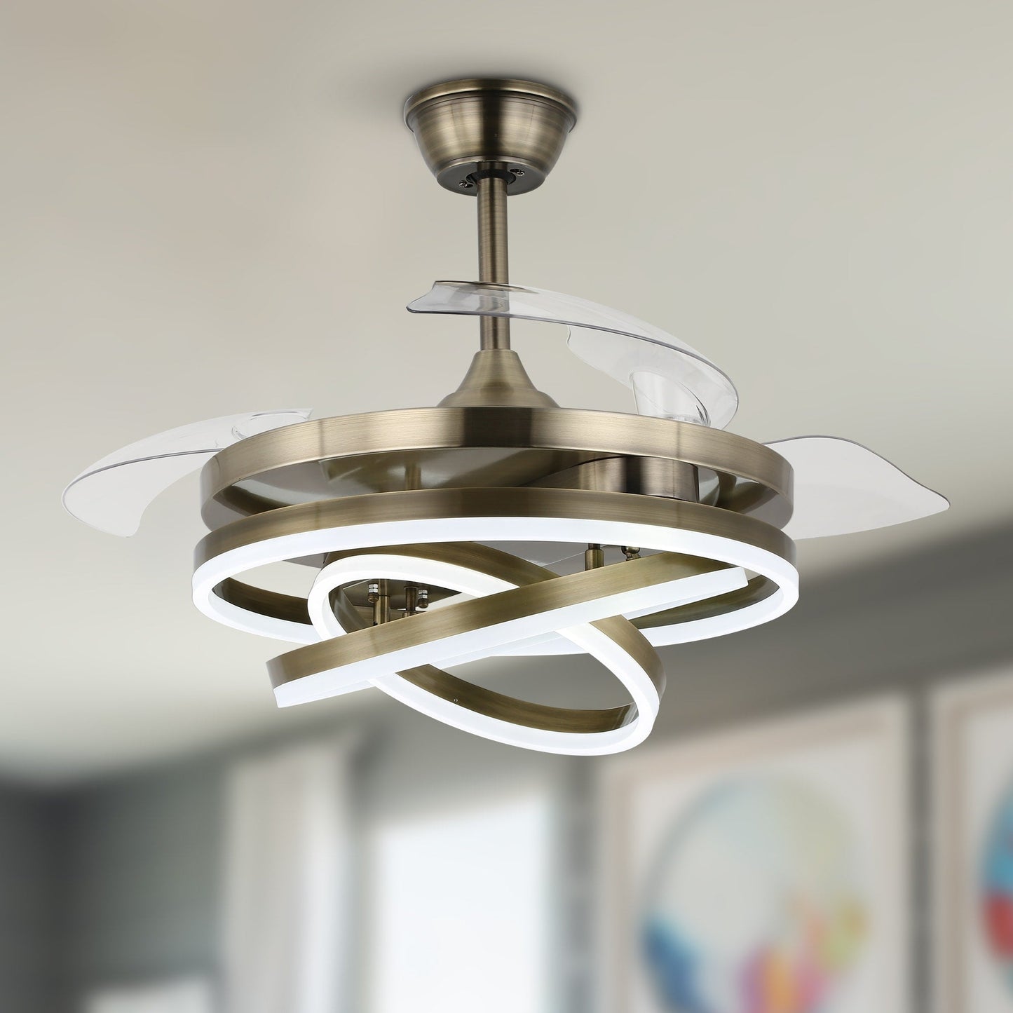 Ventilatore da soffitto retrattile Cusp Barn 42 con luci e telecomando, fai da te, forma Fandelier, moderno, silenzioso, luce da soffitto a LED con motore DC