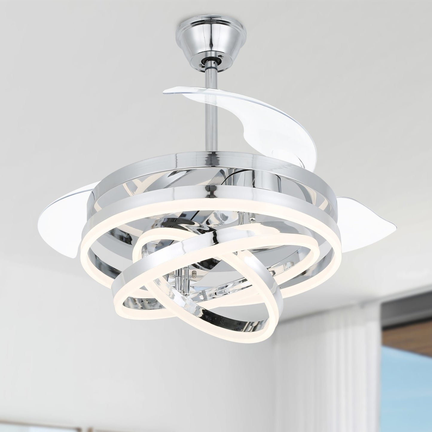Ventilatore da soffitto retrattile Cusp Barn 42 con luci e telecomando, fai da te, forma Fandelier, moderno, silenzioso, luce da soffitto a LED con motore DC