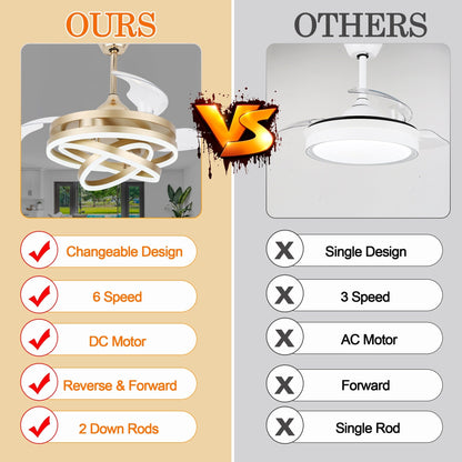 Ventilatore da soffitto retrattile Cusp Barn 42 con luci e telecomando, fai da te, forma Fandelier, moderno, silenzioso, luce da soffitto a LED con motore DC