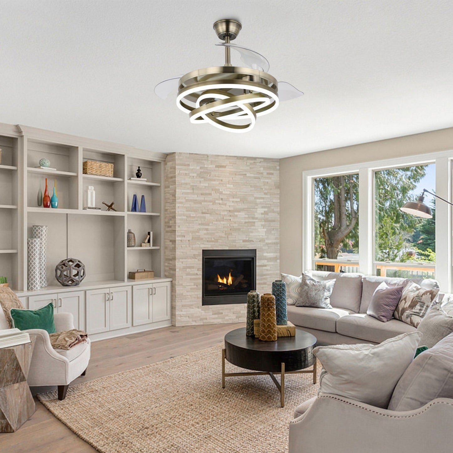 Ventilatore da soffitto retrattile Cusp Barn 42 con luci e telecomando, fai da te, forma Fandelier, moderno, silenzioso, luce da soffitto a LED con motore DC