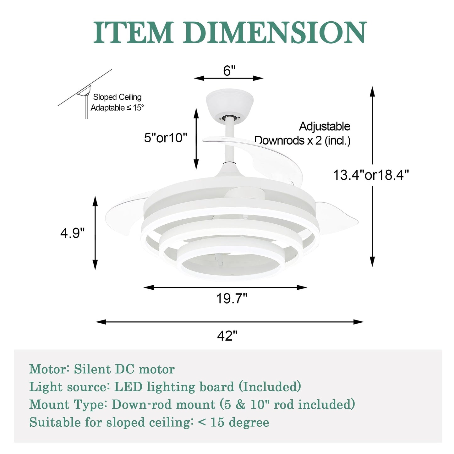Ventilatore da soffitto retrattile Cusp Barn 42 con luci e telecomando, fai da te, forma Fandelier, moderno, silenzioso, luce da soffitto a LED con motore DC