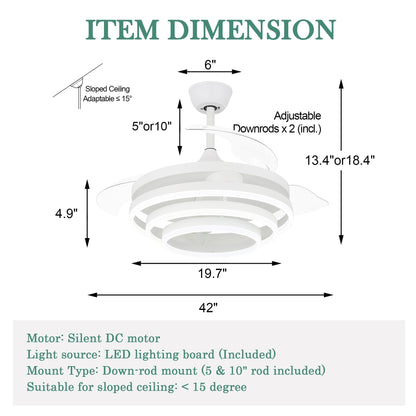Ventilatore da soffitto retrattile Cusp Barn 42 con luci e telecomando, fai da te, forma Fandelier, moderno, silenzioso, luce da soffitto a LED con motore DC