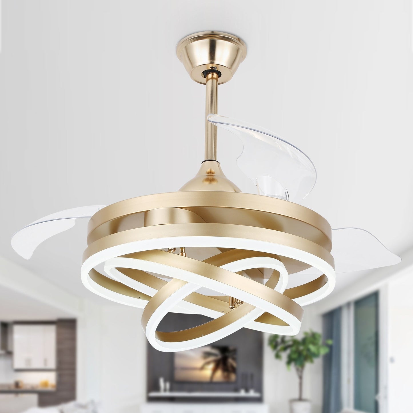 Ventilatore da soffitto retrattile Cusp Barn 42 con luci e telecomando, fai da te, forma Fandelier, moderno, silenzioso, luce da soffitto a LED con motore DC