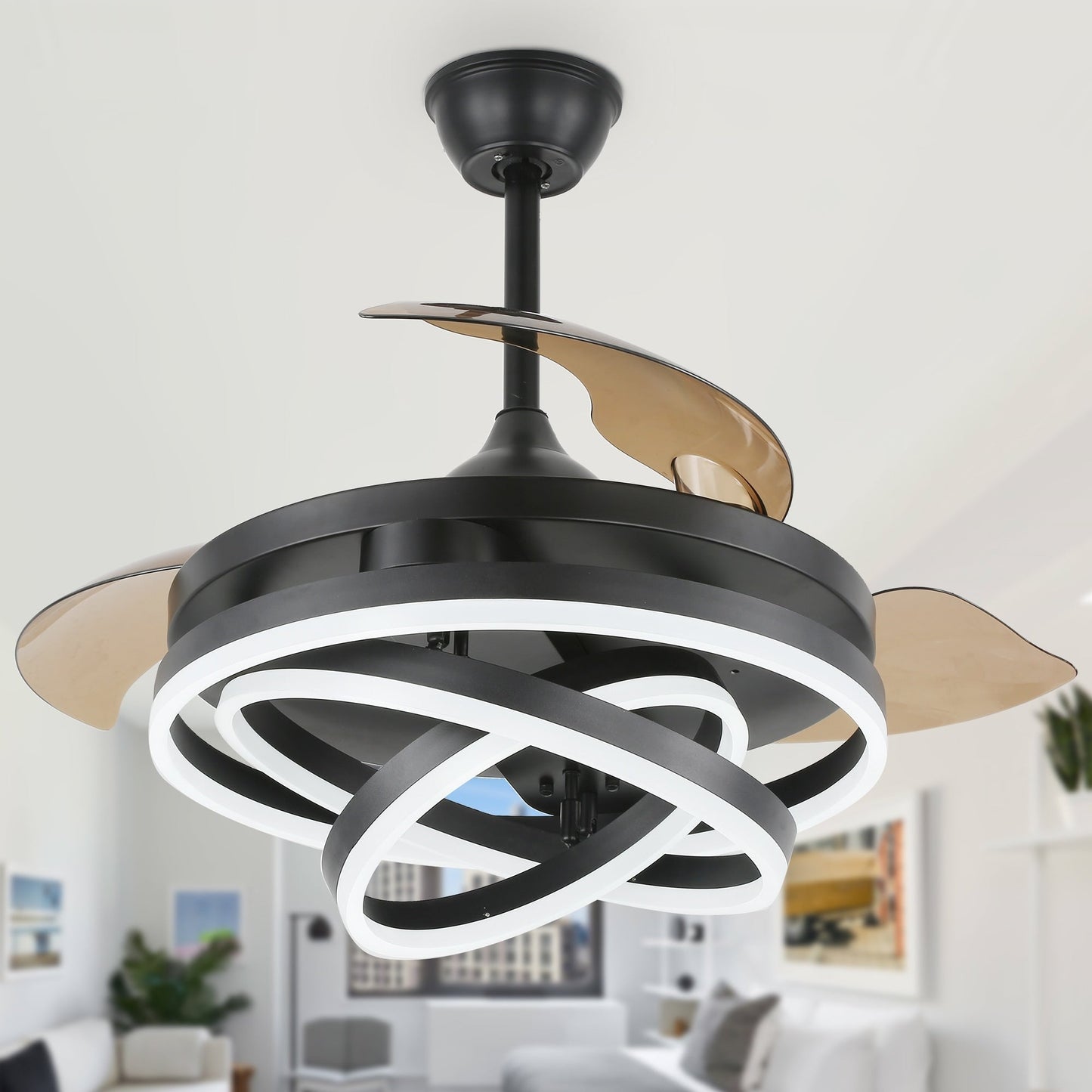 Ventilatore da soffitto retrattile Cusp Barn 42 con luci e telecomando, fai da te, forma Fandelier, moderno, silenzioso, luce da soffitto a LED con motore DC