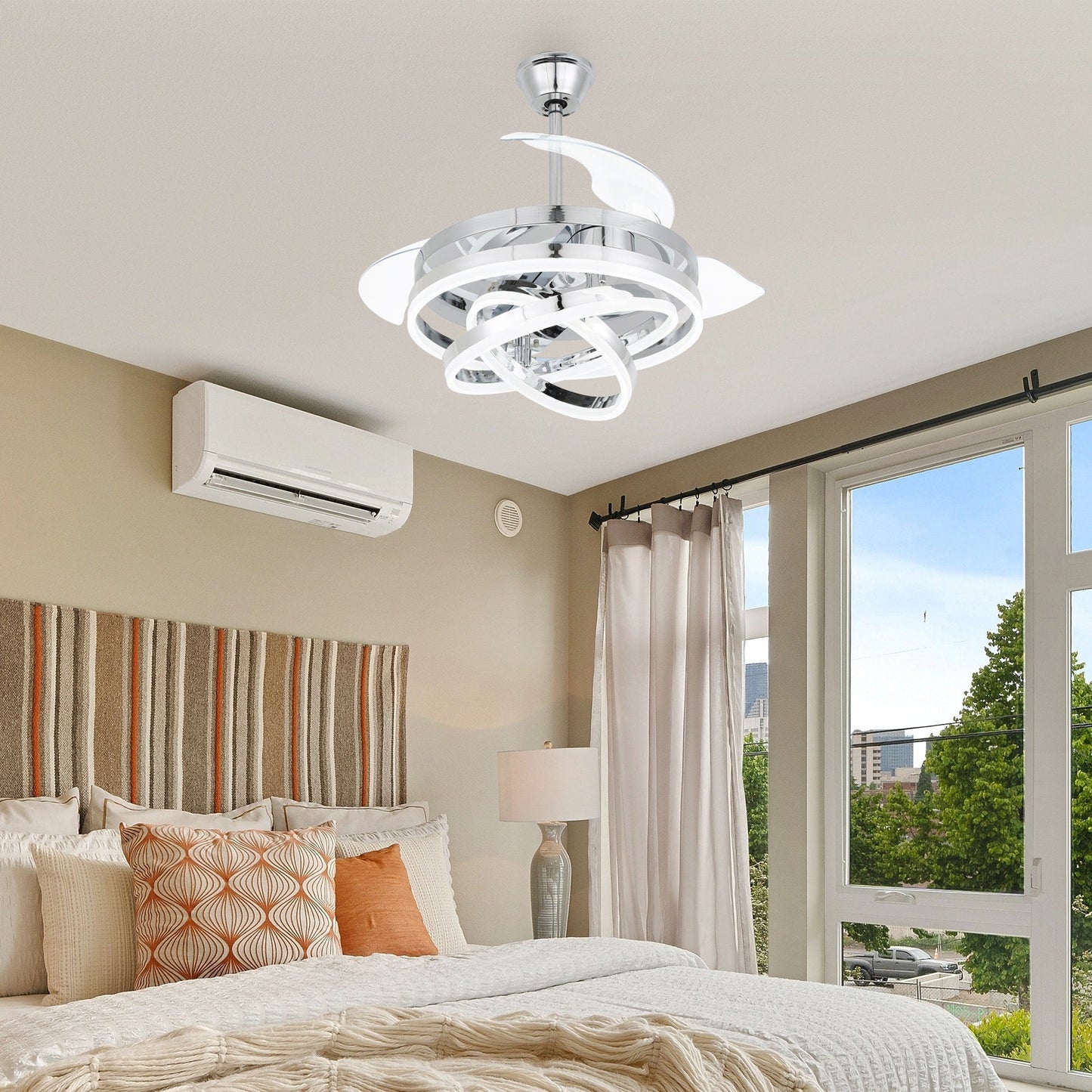 Ventilatore da soffitto retrattile Cusp Barn 42 con luci e telecomando, fai da te, forma Fandelier, moderno, silenzioso, luce da soffitto a LED con motore DC